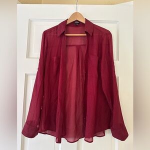 Express Burgundy Sheer Button-Up Blouse